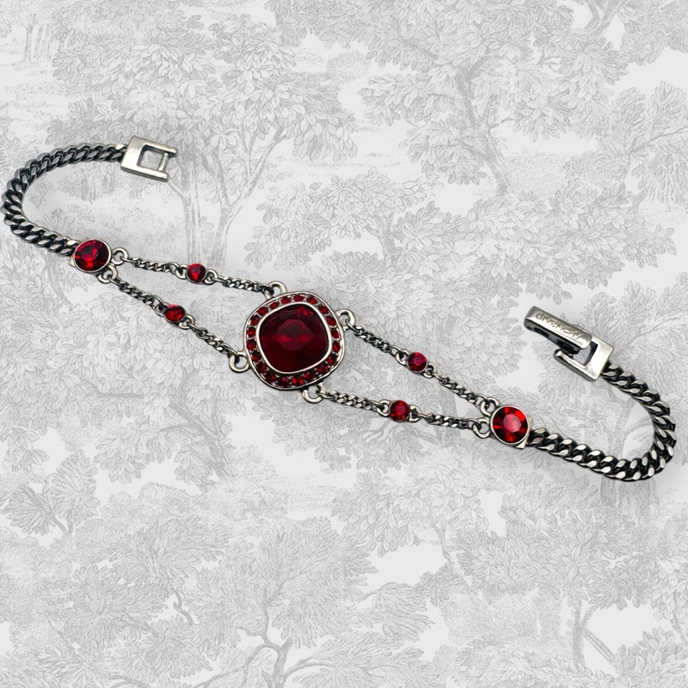 Givenchy Signed Ruby Red Silver Crystal Edwardian Regency Bracelet